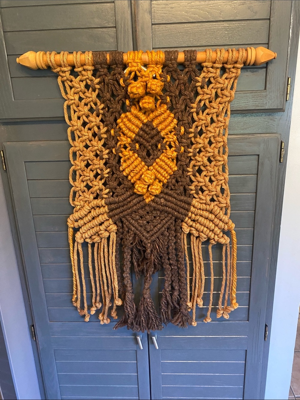 Vintage Handmade Macramé Wall Hanging in Mustard and Chocolate
